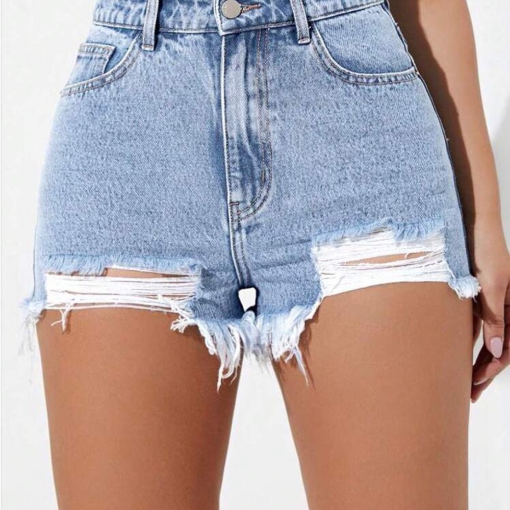 SHEIN Light Blue High-Waisted Distressed Shorts